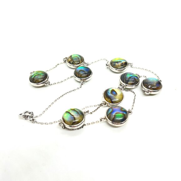 ABALONE SHELL MOTHER OF PEARL 925 STERLING SILVER STATION LINK NECKLACE 18" - Picture 12 of 16